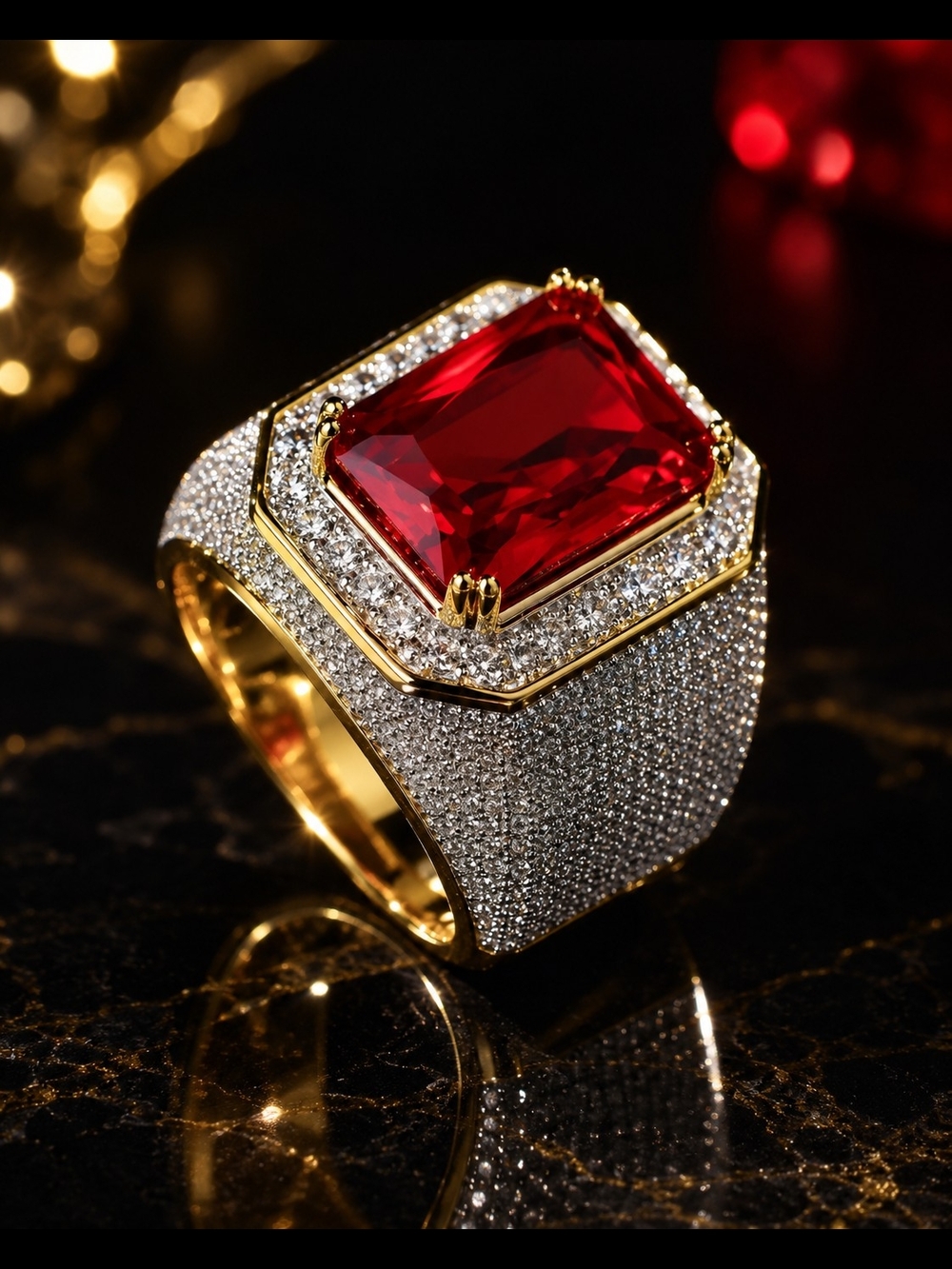 Men’s Size 8 Silver-Tone Red Stone Statement Ring Gold-Tone Accents